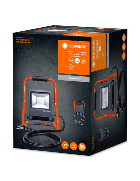 NAŚWIETLACZ LED WORKLIGHT 50W 4000K neutralna biała 4500LM R-STAND SOCKET PRZENOŚNY Z GNIAZDEM 