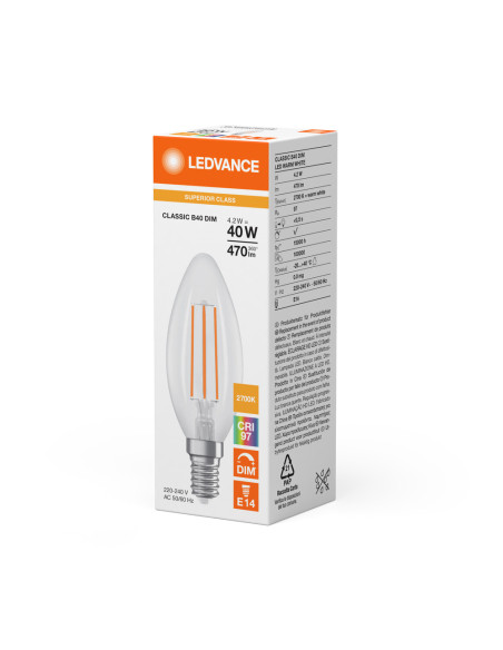 ŻARÓWKA LED S CLB40 DIM 4,2W 2700K ciepła biała CRI90  E14 CRI97 FIL CL 470LM 