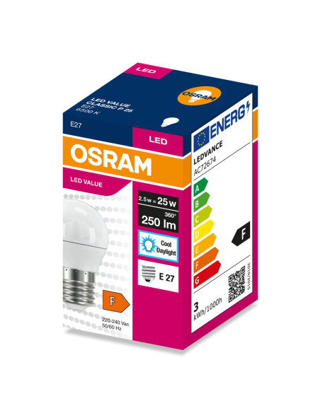 ŻARÓWKA LED VALUE CLP25 2.5W 6500K zimna biała 250LM FR E27 