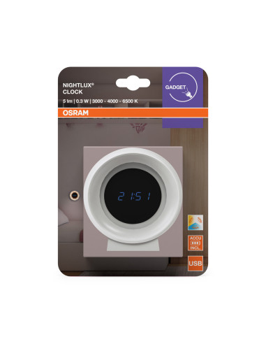 PRZENOŚNA LAMPKA NOCNA NIGHTLUX CLOCK 0.3W 