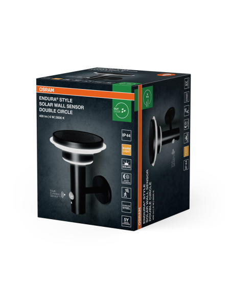 KINKIET ZEWNĘTRZNY SOLAR ENDURA STYLE 2CIRCLE WALL SENSOR 6W 3000K ciepła biała 400LM BLACK 