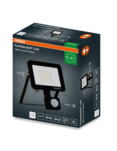 NAŚWIETLACZ FLOOD LED LUX SENSOR 20W 40000K 1800LM BK IP65 3Y 