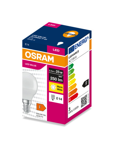 ŻARÓWKA LED VALUE CLP25 2.5W 3000K ciepła biała 250LM FR E14 