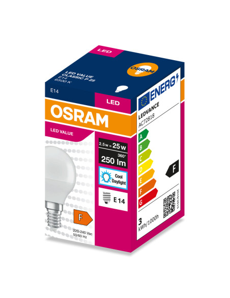 ŻARÓWKA LED VALUE CLP25 2.5W 6500K zimna biała 250LM FR E14 