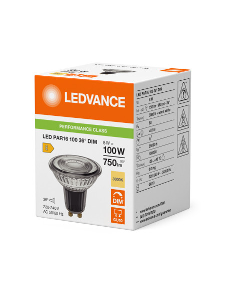 ŻARÓWKI LED P SPOT PAR16 GL 100 36° DIM 8W 3000K ciepła biała GU10 750LM 

