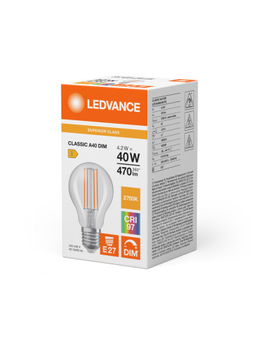 ŻARÓWKA LED S CLA40 DIM 4.2W 2700K ciepła biała CRI90  E27 CRI97 FIL 470LM 
