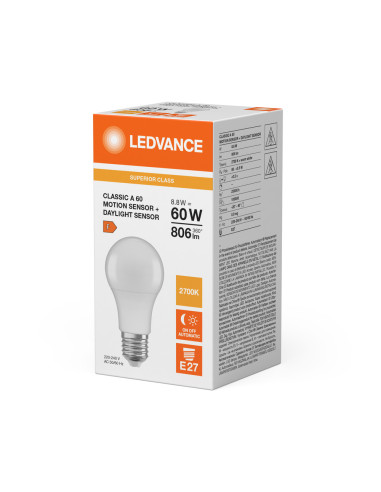 ŻARÓWKA LED S LED MS S CLA60 FR 8.8W 2700K ciepła biała  E27 806LM MOTION & DAYLIGHT SENSOR 