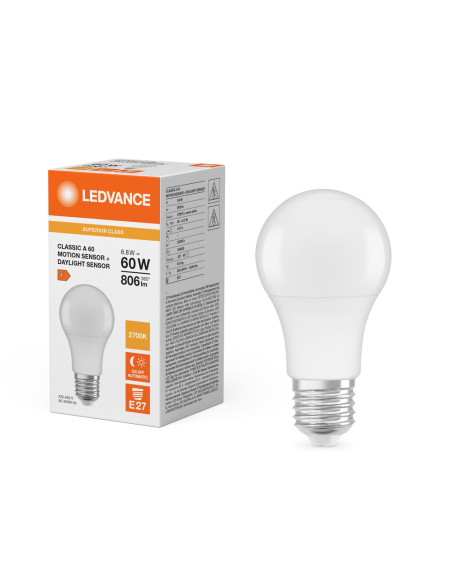 ŻARÓWKA LED S LED MS S CLA60 FR 8.8W 2700K ciepła biała  E27 806LM MOTION & DAYLIGHT SENSOR 