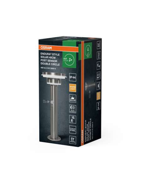 SŁUPEK OGRODOWY SOLAR ENDURA STYLE 2CIRCLE 40CM SENSOR 6W 3000K 400LM STAL
