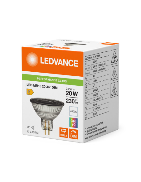 ŻARÓWKA LED P SPOT MR16 GL 20 36° DIM 2,2W 4000K neutralna biała CRI90 GU5.3 12V 230LM 
