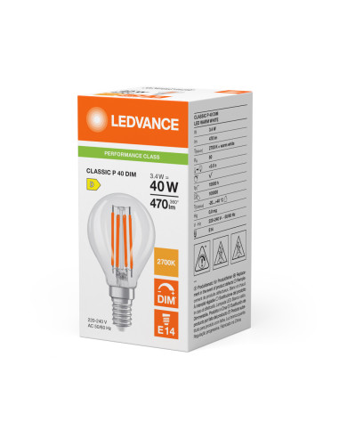 ŻARÓWKA LED P CLP40 DIM 3,4W 2700K ciepła biała  E14 FIL CL 470LM 
