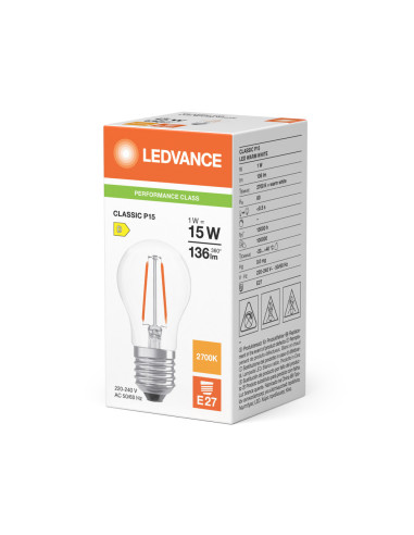 ŻARÓWKA LED P CLP15 1W 2700K ciepła biała  E27 FIL CL 136LM 
