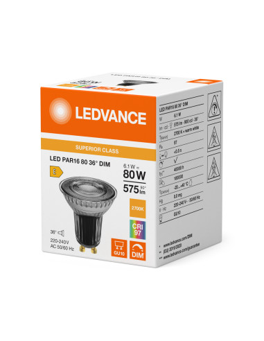 ŻARÓWKA LED S SPOT PAR16 GL 80 36° DIM 6,1W 2700K ciepła biała CRI97 GU10 575LM 