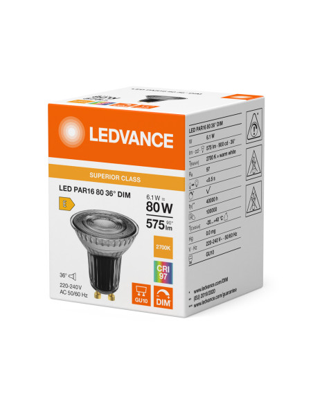 ŻARÓWKA LED S SPOT PAR16 GL 80 36° DIM 6,1W 2700K ciepła biała CRI97 GU10 575LM 