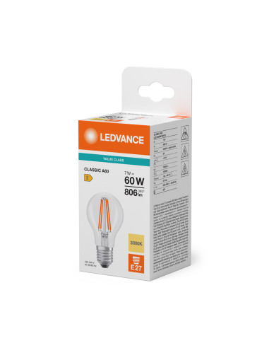 ŻARÓWKA LED V CLA60 7W 3000K ciepła biała E27 FIL CL 806LM VALUE 