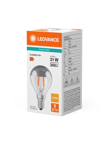 ŻARÓWKA LED P CLP31 MIRROR SILVER 4W 2700K ciepła biała E14 FIL 350LM 
