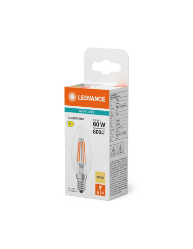 ŻARÓWKA LED V CLB60 5,9W 3000K ciepła biała E14 FIL CL 806LM VALUE 