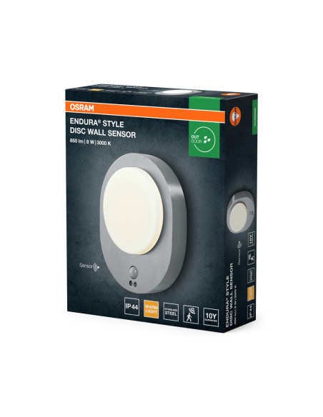 KINKIET ZEWNĘTRZNY ENDURA STYLE DISC WALL SENSOR 8W 370LM  STAL NIERDZEWNA 