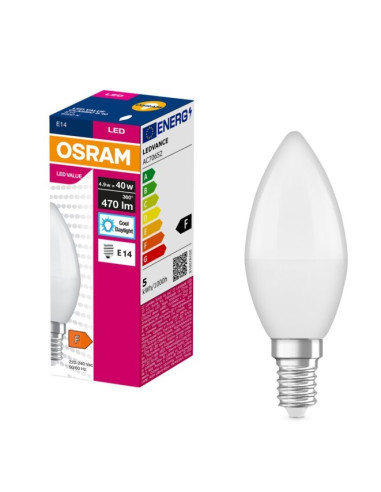 ŻARÓWKA LED VALUE CLB40 4.9W 6500K zimna biała  470LM 230V FR E14