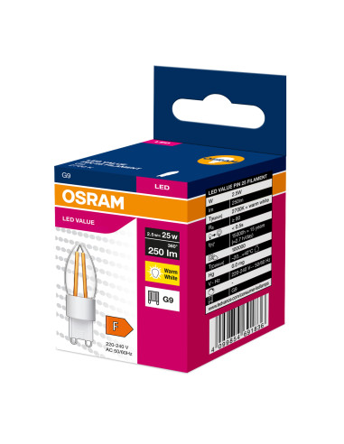 ŻARÓWKA LED ŚWIECZKA FILAMENT PIN25 2,5W/827 ciepła biała G9 250LM  VALUE 