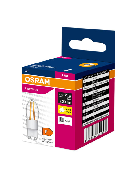 ŻARÓWKA LED ŚWIECZKA FILAMENT PIN25 2,5W/830 ciepła biała G9 250LM  VALUE 
