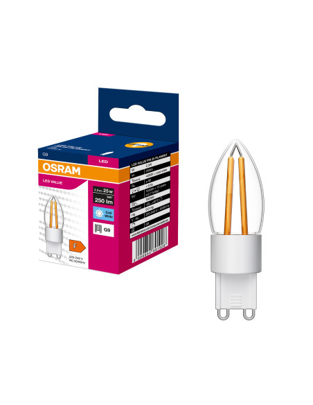 ŻARÓWKA LED ŚWIECZKA FILAMENT PIN25 2,5W/840 neutralna biała G9 250LM  VALUE 