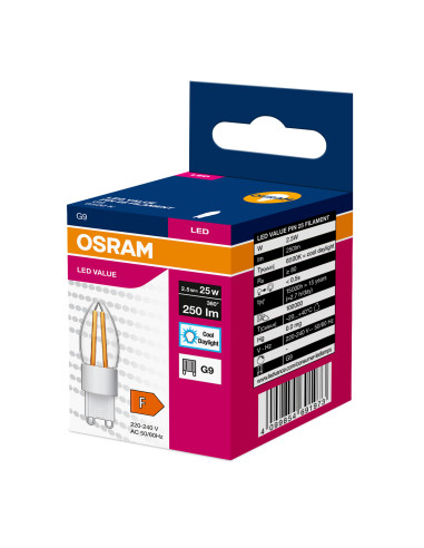 ŻARÓWKA LED ŚWIECZKA FILAMENT PIN25 2,5W/865 zimna biała G9 250LM  VALUE 