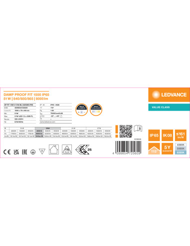 OPRAWA HERMETYCZNA DAMP PROOF FIT VALUE 1500 51W/39W/31W/27W 4000K/6500K 160LM/W MS IP65 