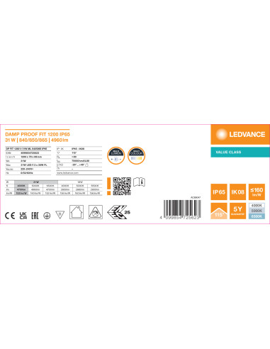 OPRAWA HERMETYCZNA DAMP PROOF FIT VALUE 1200 31W/18W 4000K/6500K 160LM/W MS IP65 