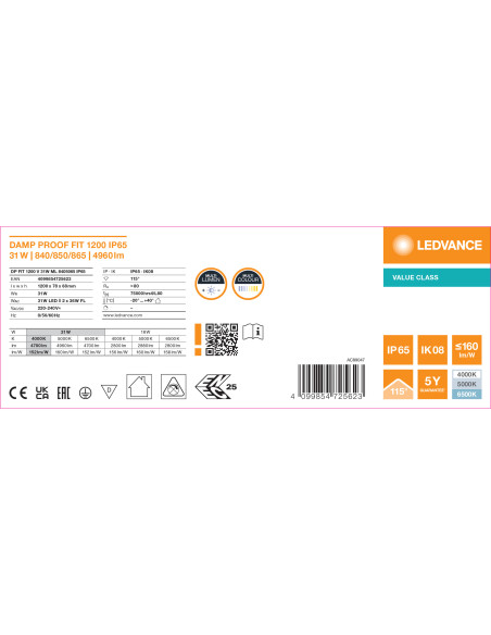 OPRAWA HERMETYCZNA DAMP PROOF FIT VALUE 1200 31W/18W 4000K/6500K 160LM/W MS IP65 