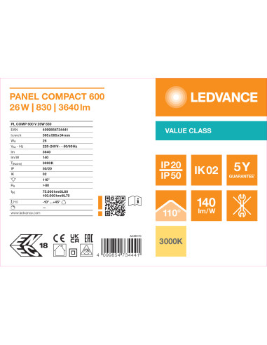 VALUE PANEL COMPACT 600 V 26W 3000K ciepła biała 3640LM 