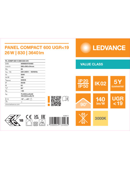 VALUE PANEL COMPACT 600 V UGR19 26W 3000K ciepła biała 3640LM  