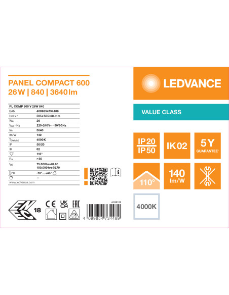 VALUE PANEL COMPACT 600 V 26W 4000K neutralna biała 3640LM   