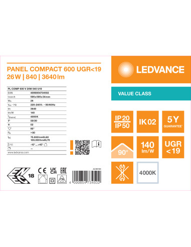 VALUE PANEL COMPACT 600 V UGR19 26W 4000K neutralna biała 3640LM  