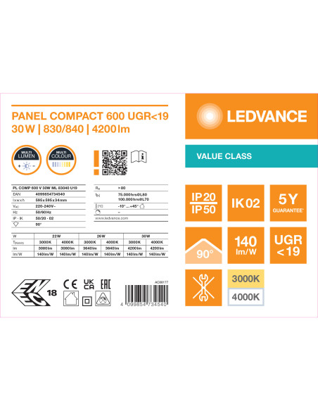 VALUE PANEL COMPACT 600 V UGR19 30W/26W/22W 3000K/4000K  