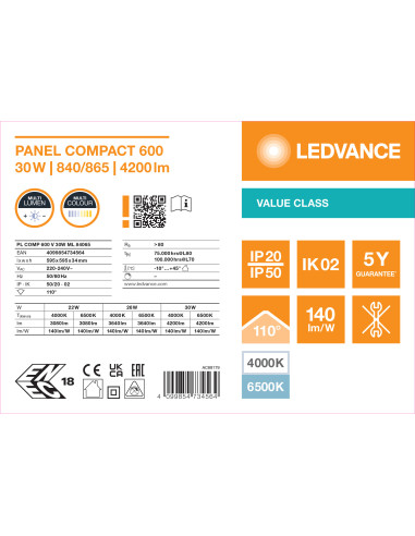 VALUE PANEL COMPACT 600 V 30W/26W/22W 4000K/6500K 