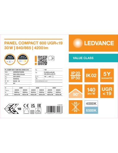 VALUE PANEL COMPACT 600 V UGR19 30W/26W/22W 4000K/6500K 