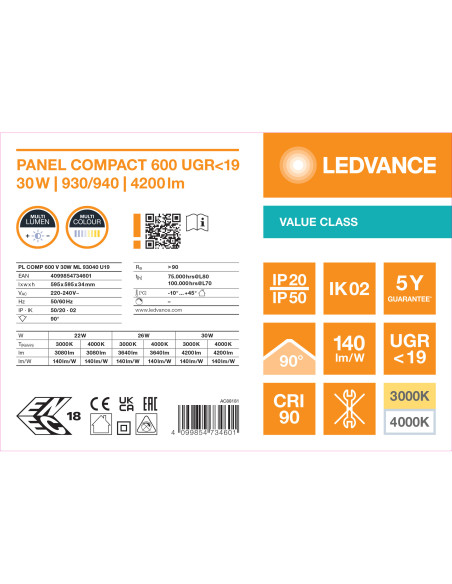 VALUE PANEL COMPACT 600 V UGR19 30W/26W/22W RA90 3000K/4000K 