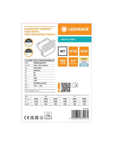 NAŚWIETLACZ FLOOD COMPACT 20/10 V 18W/9W CCT SYM 135LM/W BIAŁY IP65 