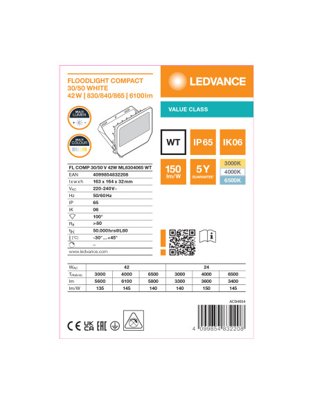NAŚWIETLACZ FLOOD COMPACT 50/30 V 42W/24W CCT SYM 145LM/W BIAŁY IP65 