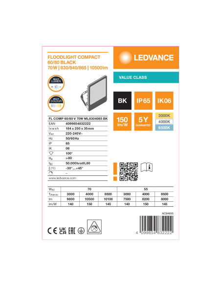 NAŚWIETLACZ FLOOD COMPACT 80/60 V 70W/55W CCT SYM 150LM/W CZARNY IP65 