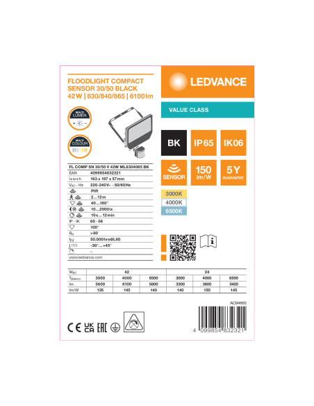 NAŚWIETLACZ FLOOD COMPACT SENSOR 50/30 V 42W/24W CCT SYM 145LM/W CZARNY IP65 