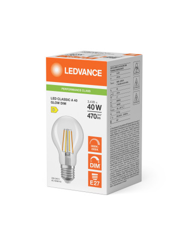 ŻARÓWKA LED P CLA40 GLOWDIM 3.4W 3000K....2200K ciepła biała CRI90 E27 FIL 470LM 