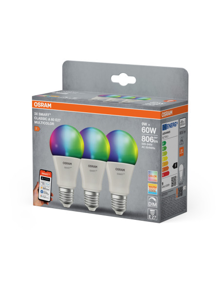 ŻARÓWKA LED 3-PAK SMART+ MATTER A60 RGB 9W 806LM FR E27 