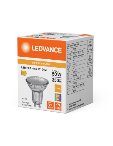 ŻARÓWKA LED S Spot PAR16 GL 50 36° DIM 3,7W 2700K ciepła biała CRI90  GU10 350LM 