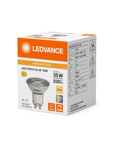 ŻARÓWKA LED S Spot PAR16 GL 35 36° DIM 2,4W 3000K ciepła biała CRI97  GU10 230LM 