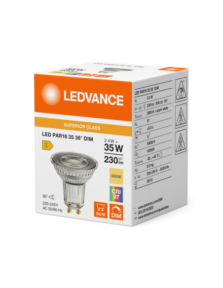ŻARÓWKA LED S Spot PAR16 GL 35 36° DIM 2,4W 3000K ciepła biała CRI90  GU10 230LM 
